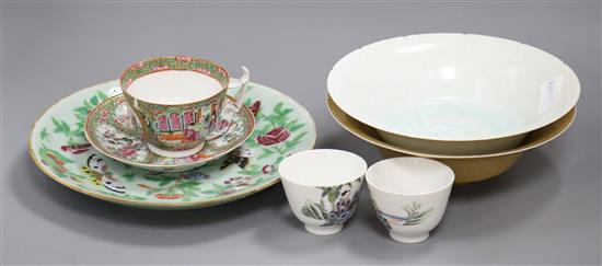 Two Chinese tea bowls , Cantonese cup and saucer, plate and two dishes